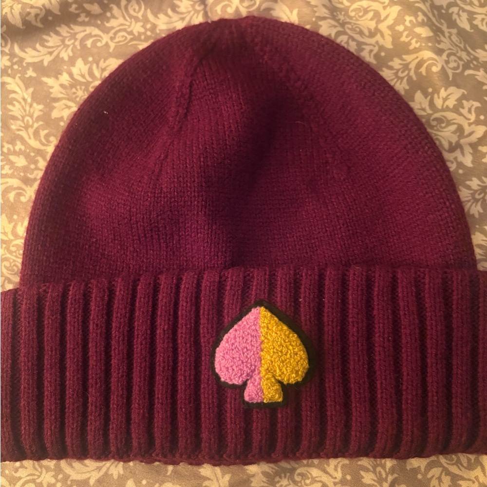 Kate Spade Burgundy Knit Beanie with Heart Patch